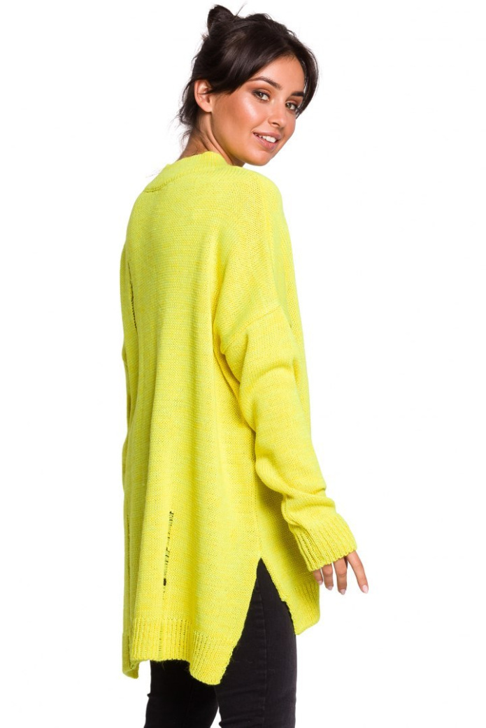 Sweter Damski - Oversize Z Dziurami Dekolt V - żółty